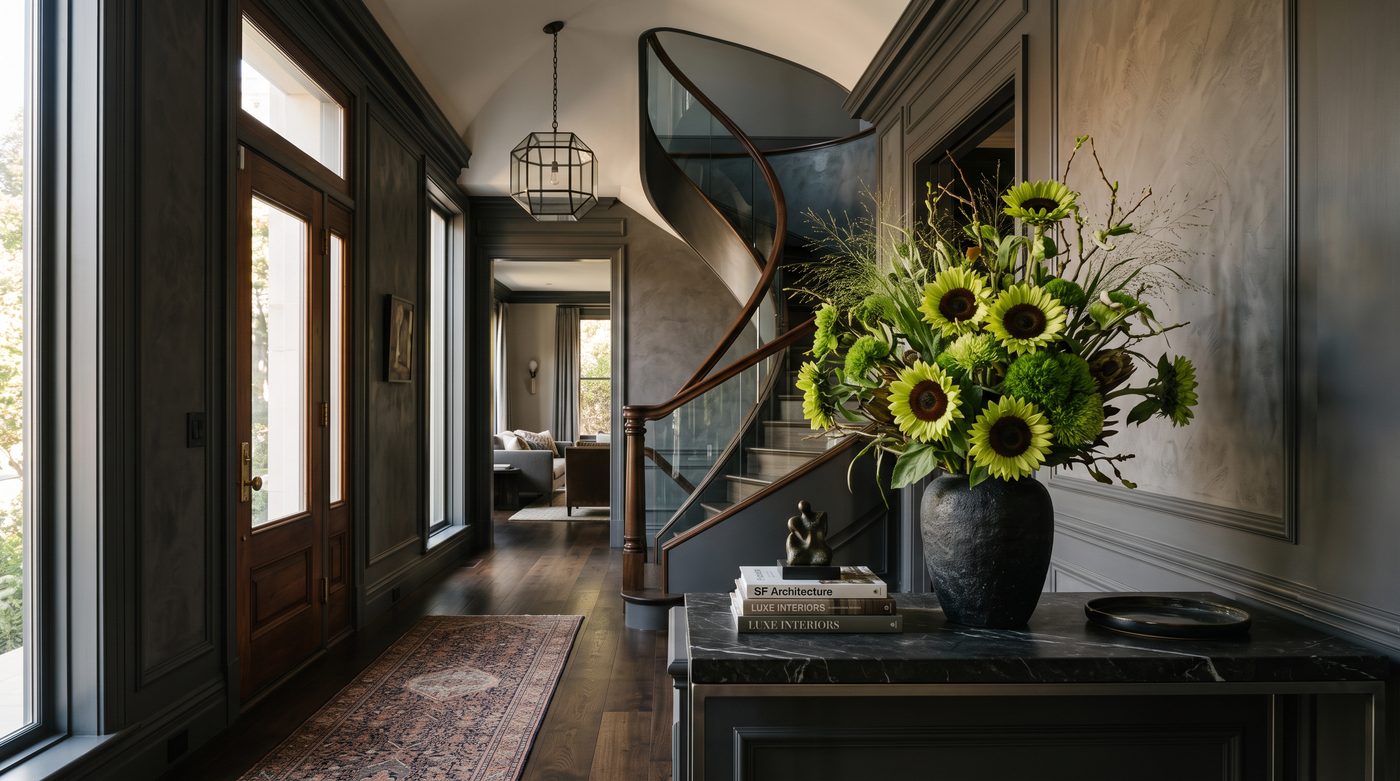 Green sunflowers in a black vase in an SF entry hall