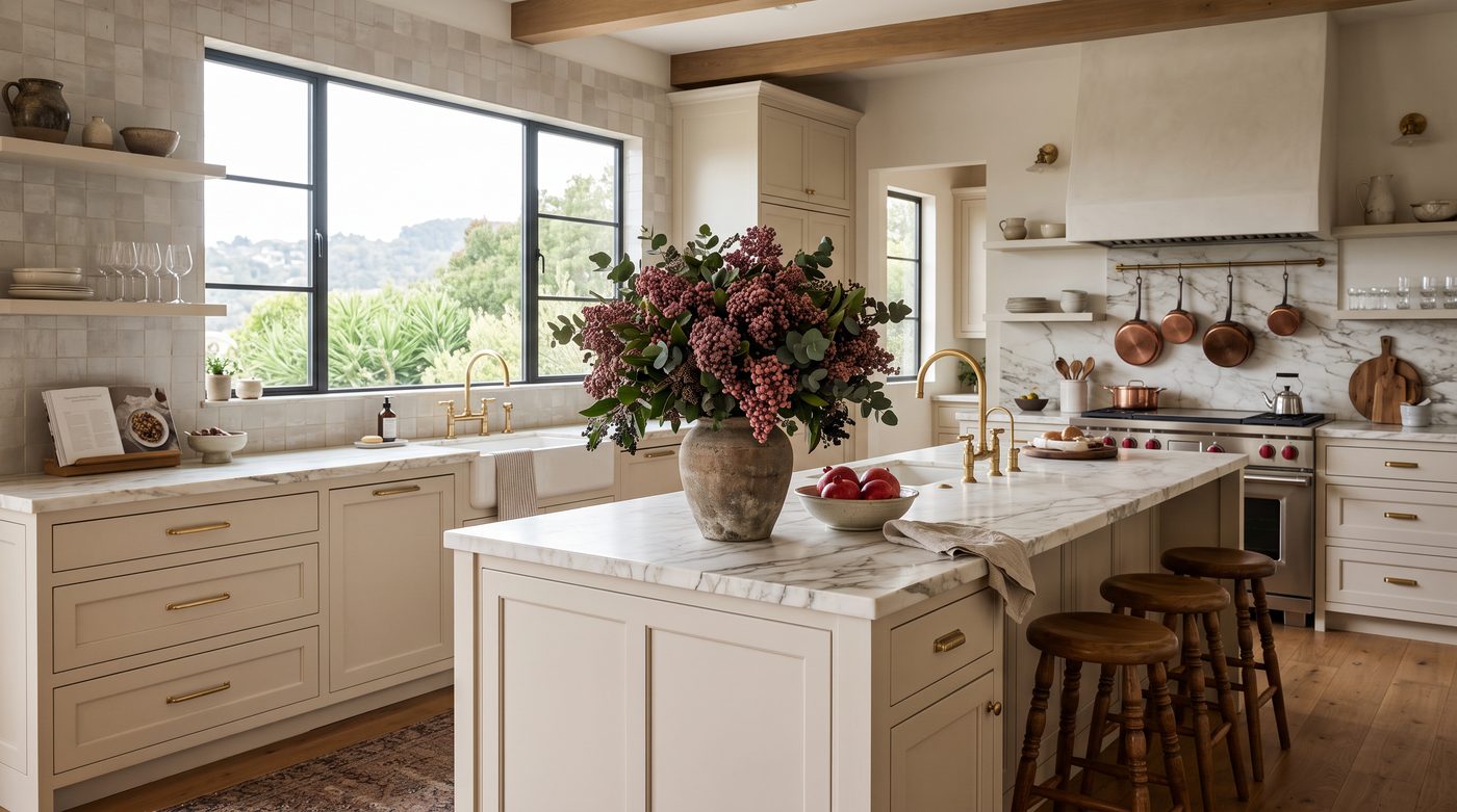 A berry arrangement in a stone vase on a kitchen island
