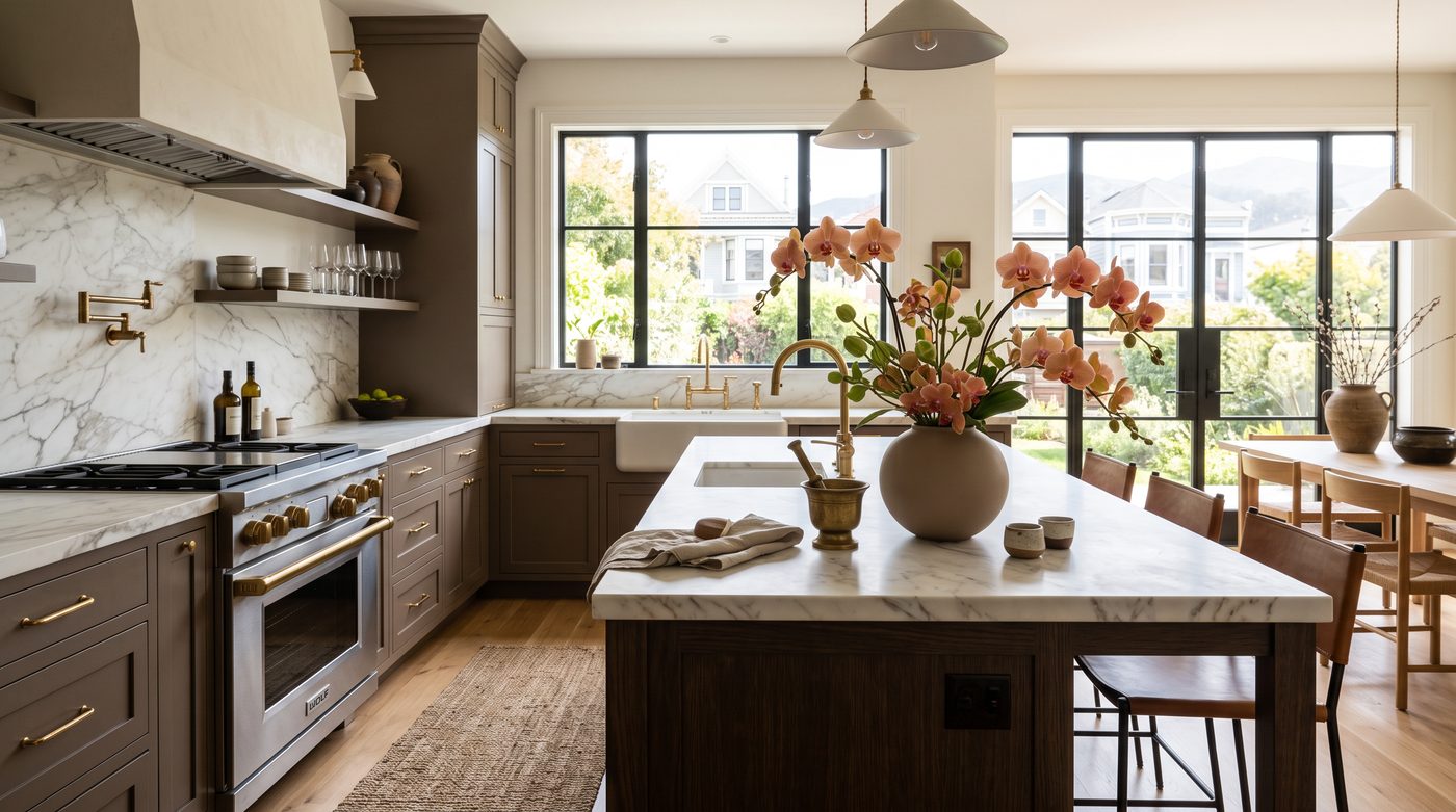 Peach orchids in a taupe vase on a kitchen island, SF view