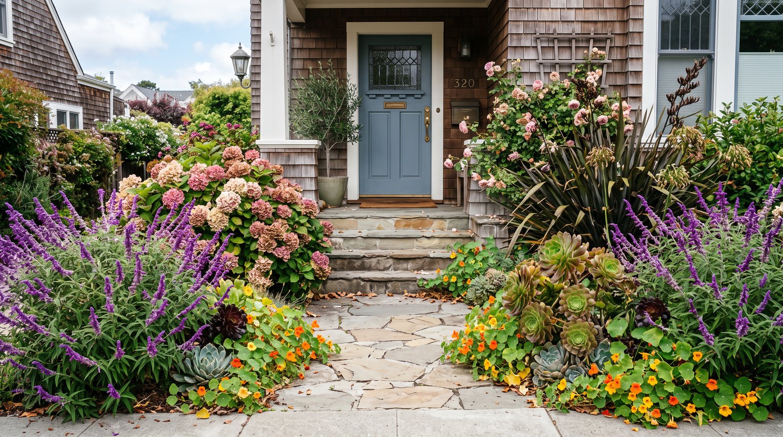 A San Francisco back garden in bloom along a stone path