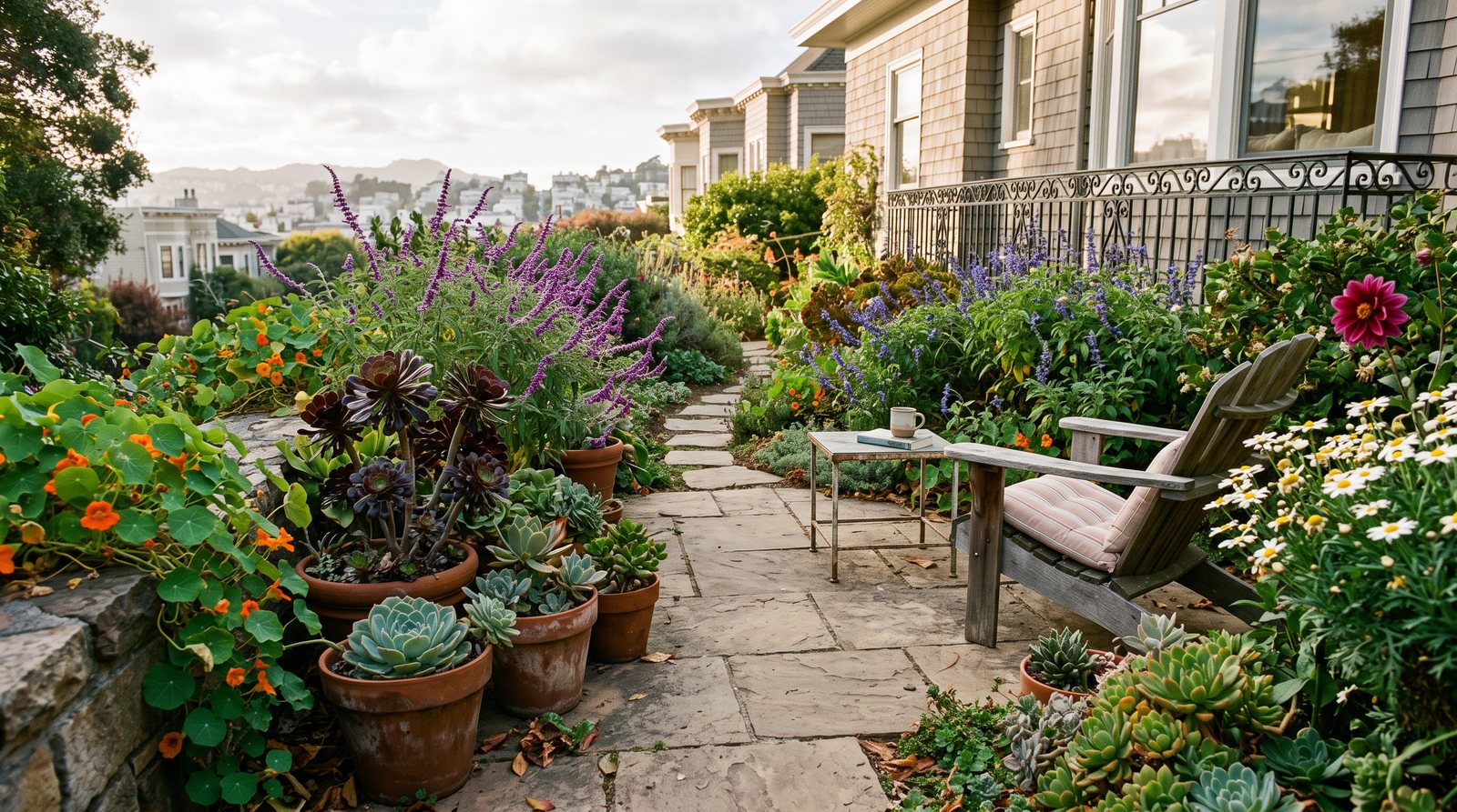 A garden terrace with potted succulents and a city view